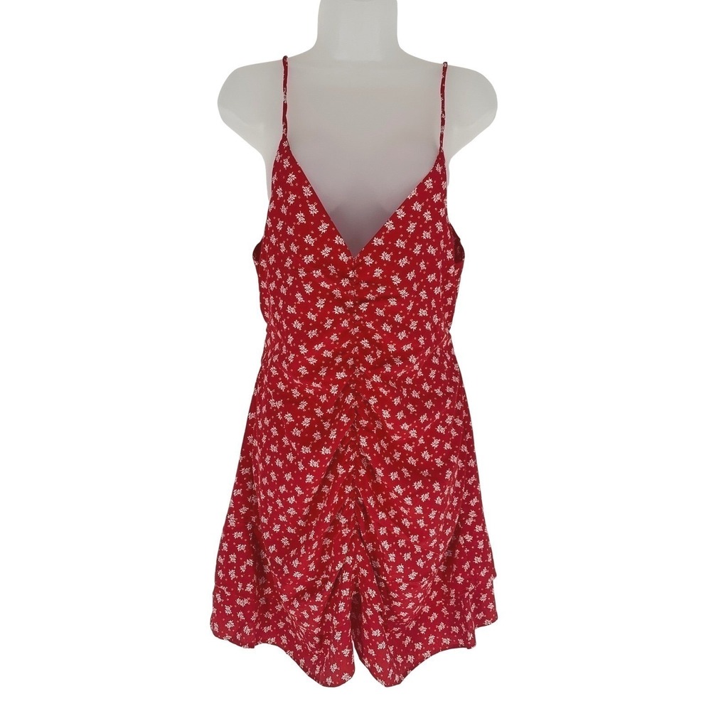 Lezat Red Floral Ruched Front Mini Dress Large Cutout Back Stretch Party Date
